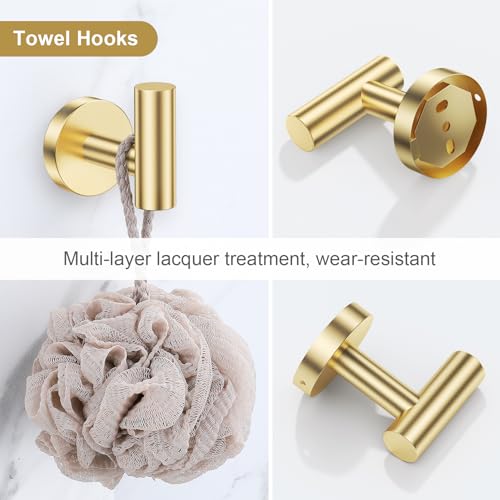 Lairuier Brushed Gold Bathroom Hardware Set, 10-Piece Towel Bar Set SUS304 Stainless Steel Bathroom Hardware Accessories Set Round Towel Holder Set Wall Mounted - color: Brushed Gold, size: 10-Piece Standard Set