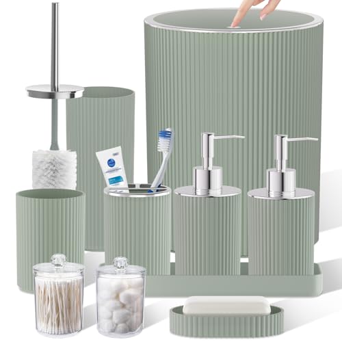 Sage Green Bathroom Accessories Set, 10PC Bathroom Set, Bath Accessory with Pop Up Trash Can, Soap Dispenser, Toilet Brush, Toothbrush Set Qtip Holders & Tray - color: Sage Green & Silver, size: 10-Piece Set (Accessories Only)