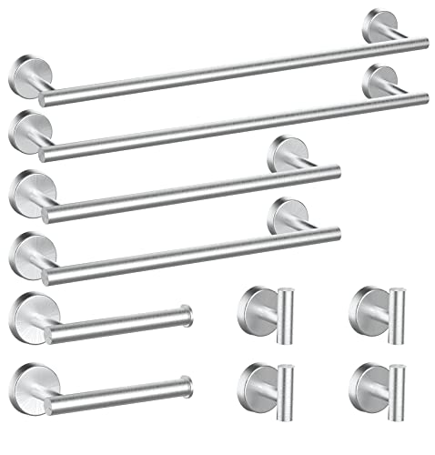Newfun 10Pcs Brushed Nickel Bathroom Hardware Set - Includes 24&18inch Towel Bar, Robe Hook, Toilet Paper Holder, 2 Pack 5 Piece Bathroom Accessories Set Stainless Steel Wall Mounted - color: Brushed Nickel