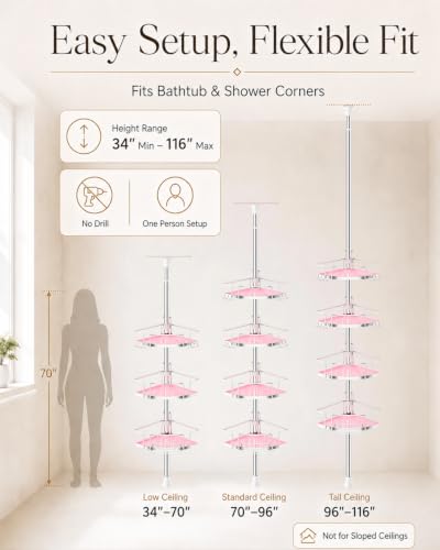 ALLZONE Corner Shower Caddy Tension Pole, 4 Hang-On Basket with Mixed-Height Shelves for Various Bottle Sizes, Extra Hooks & Soap Holder, Rustproof Stainless Steel, Fits 34–116 Inch, Silver/Pink - color: Silver/Pink