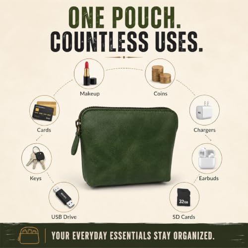 Full Grain Leather Cosmetic Bag – Zippered Makeup Pouch for Women, Small Travel Toiletry & Organizer Pouch for Purse, Premium Handmade Leather (5 × 4 × 2.5 in) - color: Green