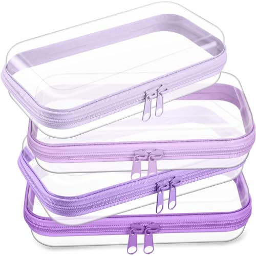 Hoolerry 4 Pcs Hard Clear Zipper Case Makeup Bags Plastic Zipper Pouch Transparent Storage Box Containers for Cosmetics, Snacks, Building Blocks, Puzzles(Clear,7.5 x 3.9 x 2 in,Purple) - color: Purple, size: 7.5 x 3.9 x 2 in