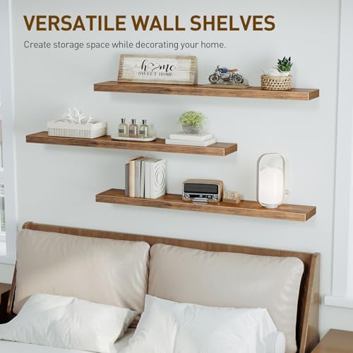 RALGEND Floating Shelves for Wall, 1.5" Thick Wall Shelf Set of 3 with Invisible Bracket, L47.2 x W7.9 Hanging Shelves Farmhouse Home Decor for Bathroom, Living Room, Bedroom, Rustic Brown 12301BJP3BF - color: Rustic Brown, size: 47.2 Inches