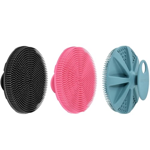 INNERNEED Food-Grade Soft Silicone Body Scrubber Shower Brush Handheld Cleansing Skin Brush, Gentle Exfoliating and Lather Well (Pack of 3) - color: (Set) Dark Green+pink+black