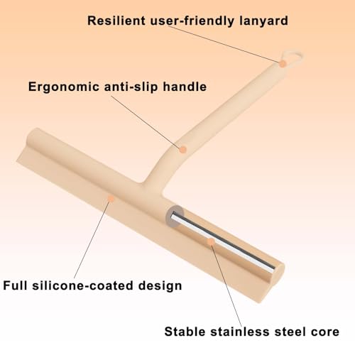 Squeegee for Shower Glass Doors, Resilient Loop - No-Drill & Adhesive Hook, Silicone Shower Squeegee with Stainless Steel Core, Cleaning Tool for Home, Kitchen, Bathroom & Car - Beige - color: Beige, size: with loop