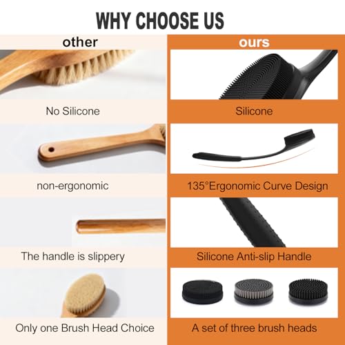 Long Handle Back Scrubber for Shower with 3 Interchangeable Heads-Black | Ergonomic Curved Handle,Non-Slip Silicone Grip,Premium Gift Box,Use in Wet and Dry,Cleaning and Exfoliation - color: Black