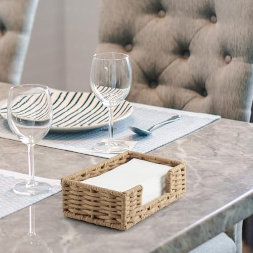 Napkin Holder for Bathroom, Woven Wicker Cotton Rope Guest Towel Holder Tray, Disposable Paper Hand Towel Holder for Bathroom Accessories, Dinner Napkin Holder for Kitchen Table Party - color: Light Khaki, size: 9.45"L x 5.43"W x 2.91"H