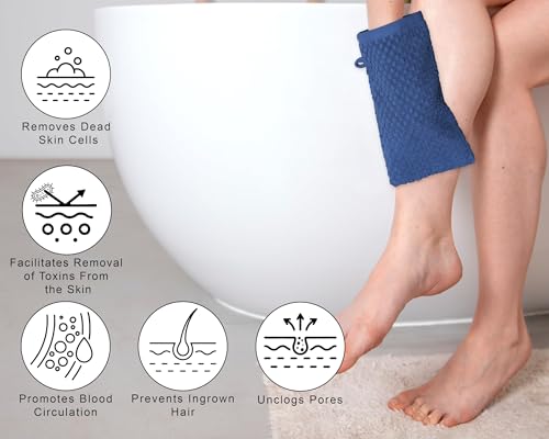 COTTON CRAFT Bath Mitt - 6 Pack Euro Spa Waffle 100% Cotton Towel Mitts | Large 5.5x10 inches Blue Exfoliating Gloves - Sensitive Skin Friendly - Body Bath Shower Glove Washcloth with Hanging Loop - color: Blue - Bath Mitt