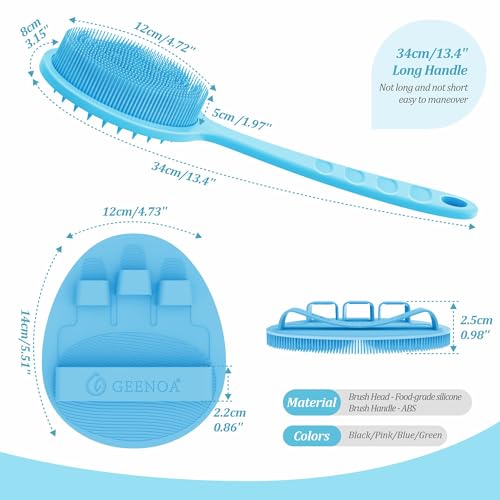 Silicone Back Scrubber & Bath Glove Set 2PCS, 13.4'' Gentle Shower Back Scrubber with Dual-Side Head Non-Slip Handle, 360° Anti-Slip Hand-fit Bath Glove for Rich Foaming Deep Cleaning(Blue) - color: Blue*2