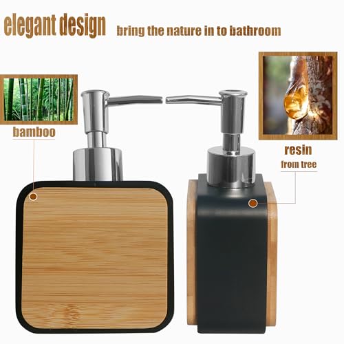 Bathroom Accessories Set with Cup, Toothbrush Holder, Soap Dishes and Soap Dispenser, Vanity Decoration, New Home Gift, Black with Bamboo