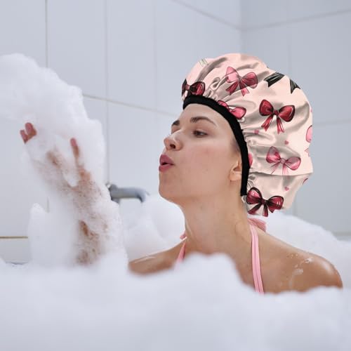 Luxury Shower Cap Terry Lined Reusable Triple Layer Waterproof Hair Elastic Caps Shower Bath Hat for Women Girls Cute Aesthetic-Pink Bowknot - color: AL20-Pink Bowknot