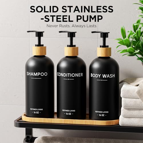 Shampoo and Conditioner Dispenser Set,Shower Soap Dispenser for Bathroom,Refillable Shampoo and Conditioner Bottles with Bamboo Pump and Tray,Soap Dispenser Bathroom for Shower (Black, 3-Pack) - color: Black