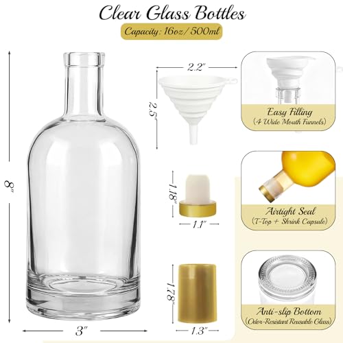 TBWIND 7 Pack 16oz/500ml Clear Glass Bottles with T-Top Cork Stoppers | hick heavy base airtight wine & liquor bottles. Ideal for beverages, whiskey, oil, vinegar, wedding favors & crafts - color: 16oz/ 500ml, size: Clear