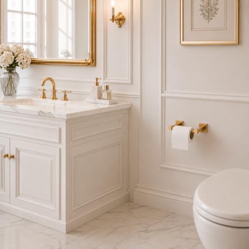 Brushed Gold Toilet Paper Holder Wall Mount, Bathroom Toilet Paper Holder for SUS 304 Stainless Steel, Double Post Pivoting Square Toilet Paper Roll Holder for Bathroom RV Paper Towels for TP - color: Square Brushed Gold
