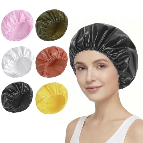 6 PCS Shower Caps for Women, Double Side Waterproof Shower Cap, Reusable Elastic Bath Caps for Shower, EVA Bathing Shower Caps, Bath Hair Caps - Black White Pink Yellow Brick Red Dark Green - color: Solid B - (Black White Pink Yellow Brick Red Dark Green)