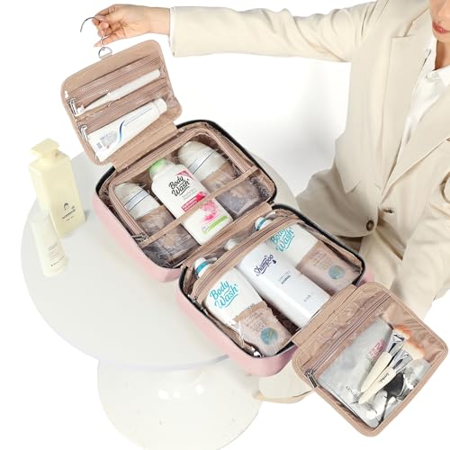 NISHEL Travel Toiletry Bag for women, Portable Hanging Organizer for Family-Sized Shampoo, Conditioner, Brushes Set, Makeup Accessories, Extra Large Size, Pink - color: Pink, size: Extra-Large