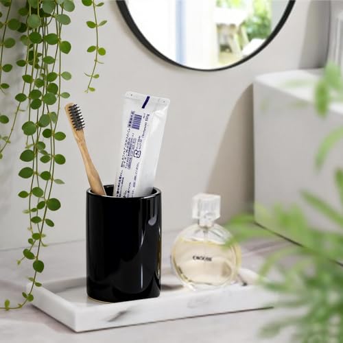 Glossy Black Ceramic Toothbrush Holders for Bathroom Countertop, 2 Pack | Compact cylinder saves counter space on sinks, vanities, shelves, and guest baths. - size: 2pcs