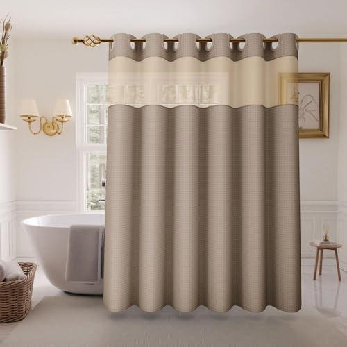 Inhousolu No Hook Shower Curtain with Snap-in Fabric Liner, Waffle Weave 230 GSM Polyester, Weighted Hem, Water Repellent Washable, Mesh Top Window 72" W x 78" L Beige - color: Beige, size: 72"W x 78"L (Pack of 1)