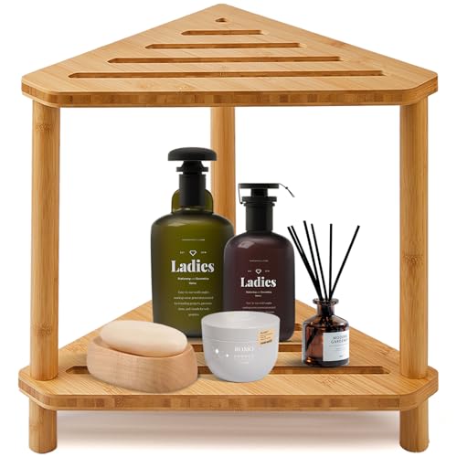 Bamboo Corner Shower Stool,2-Tier Waterproof Shower Stool for Inside Shower Shaving Leg,Small Spaces,Shower Foot Rest with Storage Shelf,Shower Bench,Bath Seat,Corner Nightstand gift for women mom - style: GU-QZST