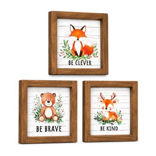 pechpell Set of 3 Woodland Forest Animal Themed Nursery Wall Shelf Decor | Wooden Cute Bear Fox Deer Sign, Creatures Pictures Decorations for Baby Shower Table, Baby Room, Above Crib, Kids Bedroom - color: white-baby