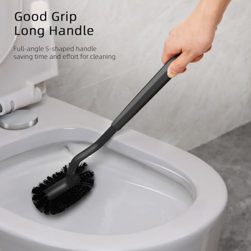 HAMITOR Toilet Bowl Brush Holder Set: Bathroom Deep Cleaning Toilet Cleaner Scrubber Under Rim with Curved Bristle for Dead Corner Clean - Hidden Rv Toilet Decorative Accessories with Caddy- Black - color: Black, size: 1 pack