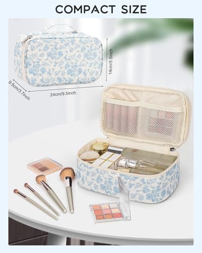 Relavel Travel Makeup Bag, Small Floral Cosmetic Bag with Makeup Brush Compartment, Portable Makeup Pouch for Women, Double Layer Makeup Organizer Bag Cute Toiletry Bag - color: 01-Blue Flower, size: MEDIUM