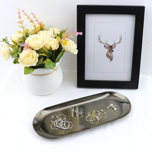 Dnyta Stainless Steel Decorative Tray, Decor Jewelry Dish, Bathroom Decor Makeup Serving Trays for Dresser, 9 x 3.8in Cosmetics Home Decor for Keys Watch Wallet Trinket (Oval, Bronze) - style: Oval retro bronze style (1pcs)