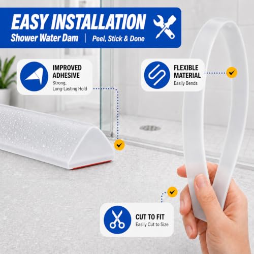 Shower Threshold Water Dam Barrier, 1.2 x 0.55 in, Transparent | Flexible silicone water barrier for showers, sinks, and countertops; choose the size, height, and color that fits your space. - color: Transparent, style: 0.55in x 67in