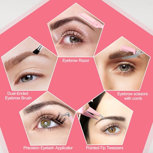 Eyebrow Kit, 17 in 1 Tweezers for Women Facial Hair, Hair Scissors with Comb, Eyebrow Trimmer, Brow Brushes, Hair Tools Travel Bag, Professional Grooming Tweezer Set - color: Pink