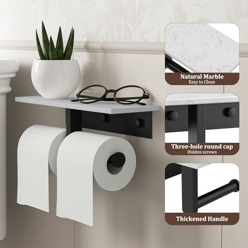 BWE Double Toilet Paper Holder with Shelf, Wall Mounted Tissue Roll Holder for Bathroom, Commercial Toilet Paper Dispenser, Marble Toilet Paper Storage Holder with Phone Shelf (Matte Black) - color: Double Black
