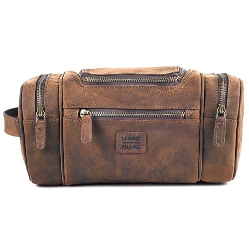 LEATHER VILLAGE Genuine Leather Travel Dopp Kit for Men & Women – Water-Resistant Large-Capacity Hanging Toiletry Bag for Travel, Grooming, Bathroom Organization, Shaving Essentials & Gym Use - Brown - color: Brown