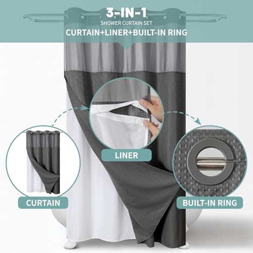 eachope Charcoal No Hook Waffle Weave Shower Curtain with snap-in Liner Replacement, 230GSM Waterproof Fabric Hotel Shower Curtain Set for Bathroom, Through Mesh Top Window,60Wx74H - color: Charcoal, size: 60"W x 74"L (Pack of 1)