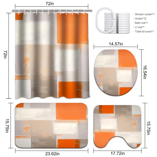 Lnond 4Pcs Bathroom Shower Curtain Sets with Rugs,Orange Brown Painting Art Bathroom Sets with Shower Curtain and Rugs and Accessories - color: Orange Brown White