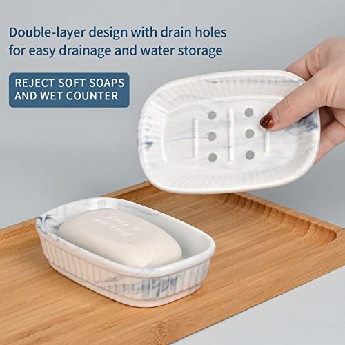 Ceramic Soap Dish, Self-draining Soap Holder, Double Layer Bar Soap Holder Marble Blue, Draining Soap Dishes for Bathroom Shower Kitchen, Easy to Clean, Keep Soap Dry, ANTIS'S HOME - color: Marble Blue