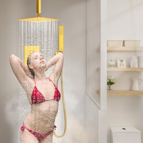 SunCleanse Rainfall Shower Faucet Set Brushed Gold Shower Combo Set for Bathroom with High Pressure 10 inch Shower Head with Handheld Shower Valves Shower Head and Handheld Ceiling Mounted - color: Brushed Gold, style: 10-ceiling