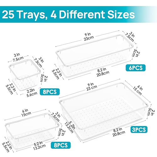 Vtopmart 25 PCS Clear Plastic Drawer Organizers Set, 4-Size Versatile Bathroom and Vanity Drawer Organizer Trays, Storage Bins for Makeup, Bedroom, Kitchen Gadgets Utensils and Office - color: Clear