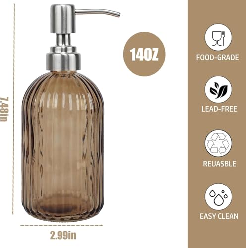 14Oz Brown Soap Dispenser Bathroom - 2 Pack, Clear Glass Hand Soap Dispensers with Stainless Steel Pump, Refillable Dish Soap Dispenser for Kitchen, Countertop Soap Dispensers - color: Brown（2-pack）