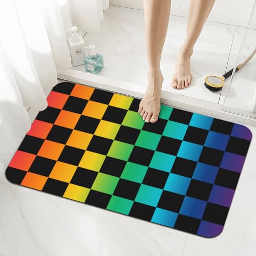 Black and Rainbow Checkered Bath Mat Rugs 15.7x23.6 in, Diatomaceous Earth Bathroom Rug Fit Under Door Rubber Non-Slip Absorbent Bathroom Mat for Bathroom Kitchen Floor, Tub and Shower Sink - color: Checkered #01