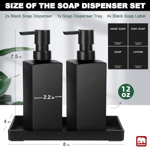 GMISUN Kitchen Soap Dispenser Set, Hand and Dish Soap Dispensers, 12 fl oz/350 ml Black Soap Dispenser with Tray, Glass Dish Dispenser for Kitchen, Liquid Hand Soap and Lotion Bottle Set for Bathroom - color: Black Bottle+black Pump+black Tray
