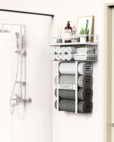 Towel Racks for Bathroom Wall Mounted - Bath Wall Towel Holder Set Above Toilet Storage, Rolled Towel Shelf Organizer for Small Bathroom All White, Wood Vertical Towel Rack for Bathroom Wall Decor - color: All White