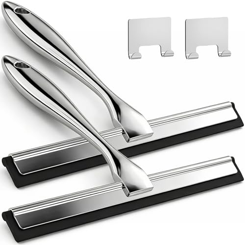 ALFLOD 2pcs Shower Squeegee for Glass Doors with Adhesive Hanging Hook Set | 9.9” silver, bathroom accessories, window cleaner, new home essentials, soft rubber blade, metal handle, ergonomic grip - color: Silver, size: 9.9 Inch