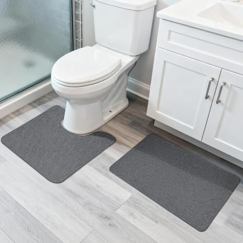 Bosap Bathroom Rugs Set 2 Pieces,Thin Bathroom Mats,Toilet Rugs,Quick Dry,Non-Slip,Machine Washable,Low Pile,Absorbent Bath Mats,Shower,Sink,Home Decor Accessories.Dark Grey,1'5"x2'3"+1'8"x2" U Shape - color: Dark Grey, size: 1'8"x2"u+1'5"x2'3"(set)