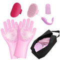 7 PCS Pet Grooming Kit for Dogs and Cats | Dog Washing Gloves | Dog Bath Brush | Cleanroom Gloves | Dog Shampoo Brush | Finger Toothbrushes | Storage Bag | All-in-One Pet Care (Pink) - color: Cherry Blossom Pink