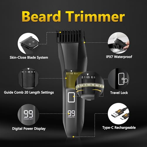 Manscape 4-in-1 Men's Body & Beard Trimmer - Groin, Pubic, and Ball Hair Shaver with No-Nick Technology, 20-Length Adjustable Beard Styler, Nose Trimmer, IPX7 Waterproof, LED Display, Travel Case - color: Tuxedo Black