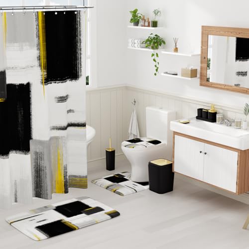 XLHOMO Bathroom Accessories Set - 25PC Bathroom Set with Shower Curtain and Rugs, Black Bathroom Set, Bathroom Accessory Set with Press-on Lid Trash Can, Soap Dispenser and Qtip Holders - color: Black & Gold, size: Plaid Complete Set + Bath Rugs