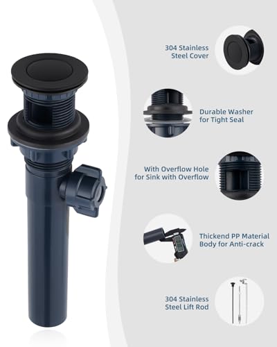 Bathroom Sink Drain Stopper with Lift Rod, Universal Fit, Matte Black | Pop Up Sink Drain with Overflow, Drain Stopper for Vessel Sink, Assembly for Bathroom Faucet - color: Matte Black
