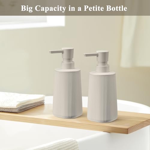 Beige 2 Pack Hand Soap Dispensers Set with No Rust Pump for Bathroom and Kitchen Countertops Refillable Matte Striped Plastic 8.5 oz - color: Beige Set of 2