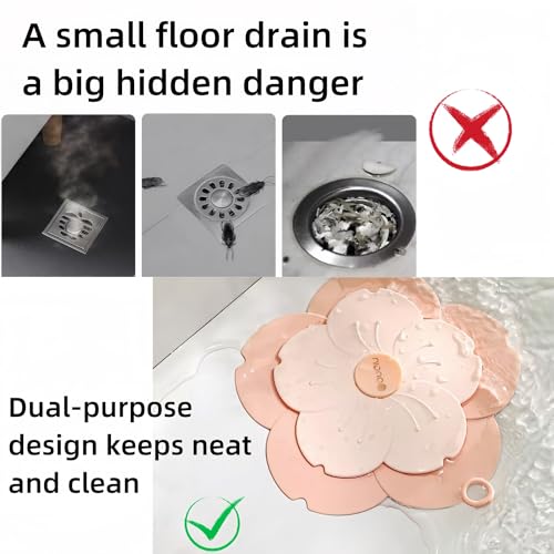 Shower Drain Hair Catcher, 2-in-1 Flower Silicone Strainer & Odor Blocking Cover, Hair Trap Protector for Bathroom Bathtub Sink (Pink)