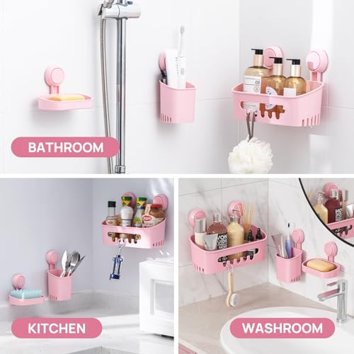 LEVERLOC Shower Caddy Suction Cup Set Shower Organizer & Soap Holder & Toothbrush Holder, Bathroom Shelf Basket NO-Drilling, Removable Suction Storage Waterproof Bathroom Caddy, Pink - color: 3 X Pink