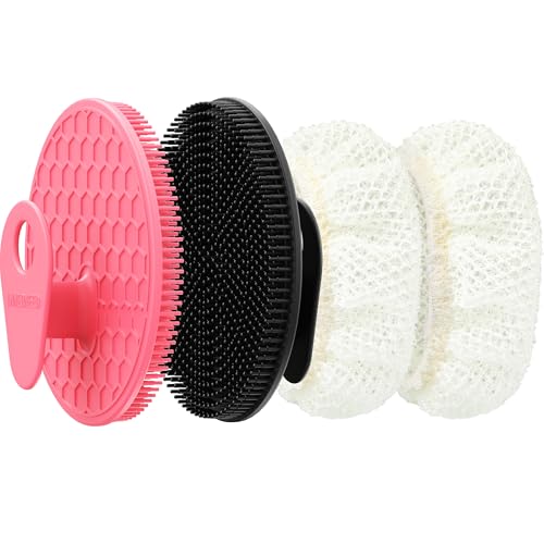 INNERNEED Food-Grade Silicone Body Scrubber Gentle Cleansing Brush with Exfoliating Net Sponge Bath Scrubbing Washcloth Case, More Hygienic and Well Lather (Black+Pink Set) - color: (Set4) Black+pinkset